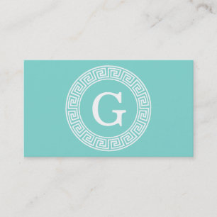 Robin Egg Wht Greek Key Rnd Frame Initial Monogram Business Card