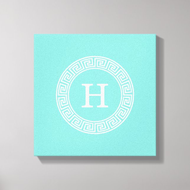 Robin Egg Wht Greek Key Rnd Frame Initial Monogram Canvas Print (Front)