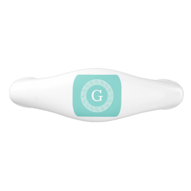 Robin Egg Wht Greek Key Rnd Frame Initial Monogram Ceramic Drawer Pull (Front)