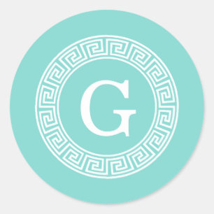 Robin Egg Wht Greek Key Rnd Frame Initial Monogram Classic Round Sticker