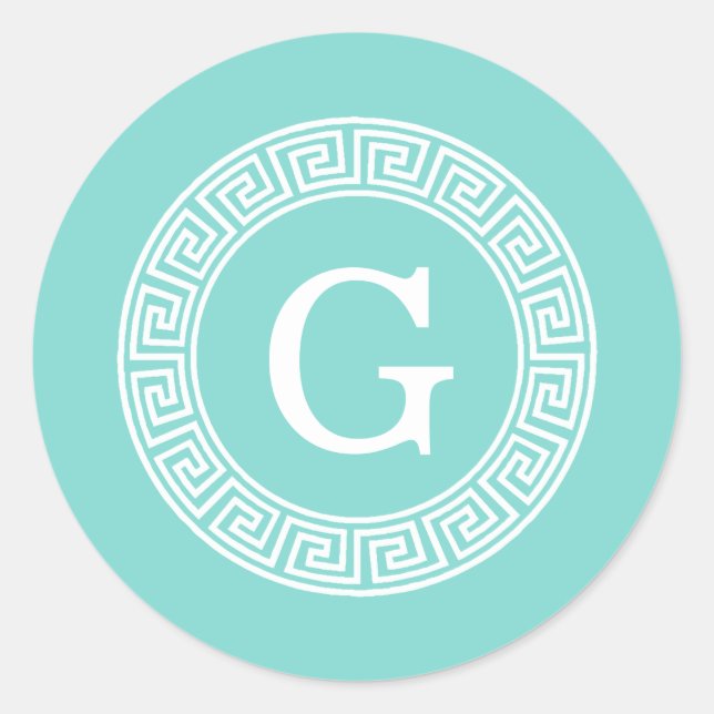 Robin Egg Wht Greek Key Rnd Frame Initial Monogram Classic Round Sticker (Front)