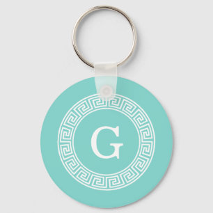 Robin Egg Wht Greek Key Rnd Frame Initial Monogram Key Ring