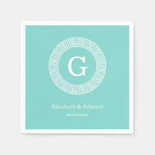 Robin Egg Wht Greek Key Rnd Frame Initial Monogram Napkin