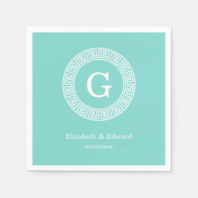 Robin Egg Wht Greek Key Rnd Frame Initial Monogram Napkin (Front)