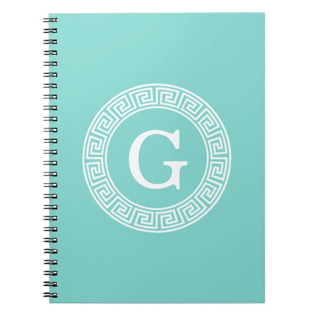 Robin Egg Wht Greek Key Rnd Frame Initial Monogram Notebook (Front)