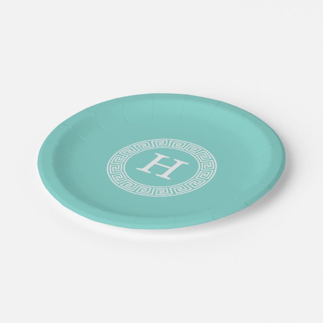 Robin Egg Wht Greek Key Rnd Frame Initial Monogram Paper Plate (Angled)