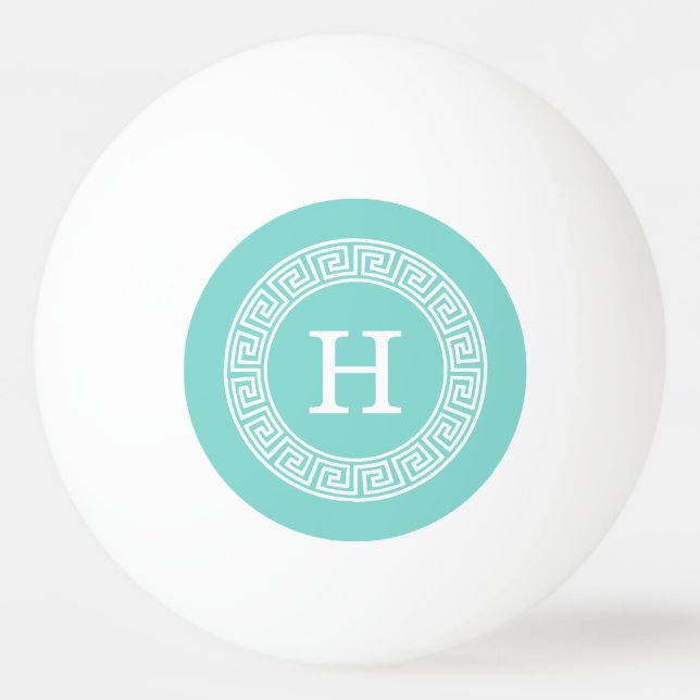 Robin Egg Wht Greek Key Rnd Frame Initial Monogram Ping Pong Ball (Front)
