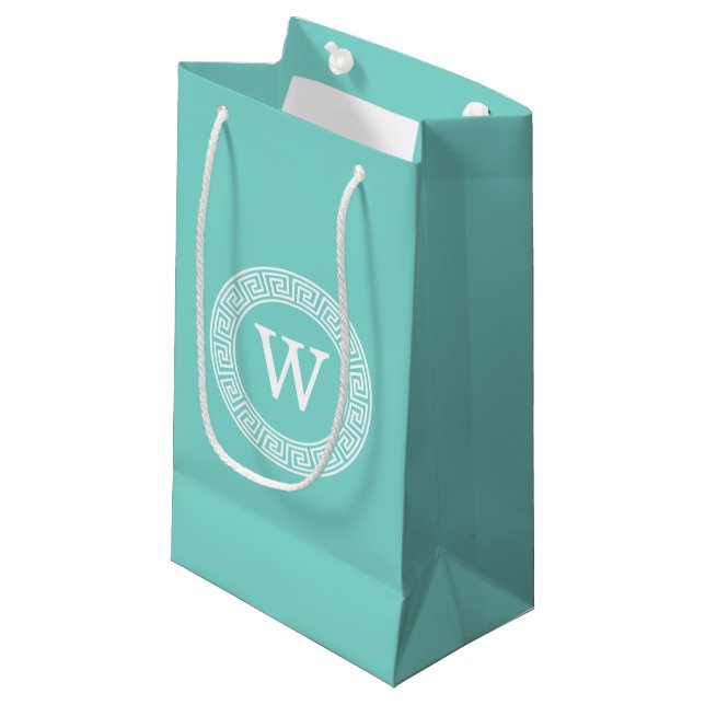 Robin Egg Wht Greek Key Rnd Frame Initial Monogram Small Gift Bag (Front Angled)