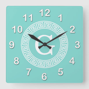 Robin Egg Wht Greek Key Rnd Frame Initial Monogram Square Wall Clock