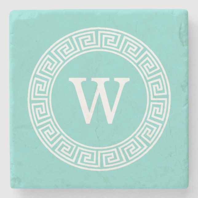 Robin Egg Wht Greek Key Rnd Frame Initial Monogram Stone Coaster (Front)