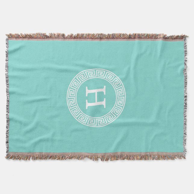 Robin Egg Wht Greek Key Rnd Frame Initial Monogram Throw Blanket (Front)