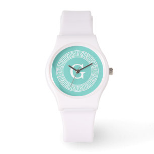 Robin Egg Wht Greek Key Rnd Frame Initial Monogram Watch