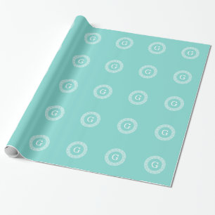 Robin Egg Wht Greek Key Rnd Frame Initial Monogram Wrapping Paper