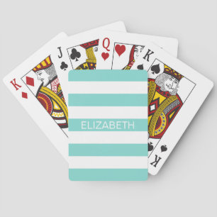 Robin Egg Wht Horiz Preppy Stripe Name Monogram Playing Cards