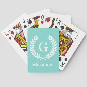 Robin Egg Wht Wheat Laurel Wreath Initial Monogram Playing Cards