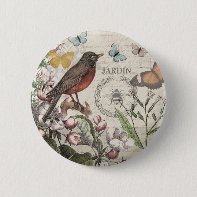 Robin Elegant Bird Butterfly French Art 6 Cm Round Badge (Front)