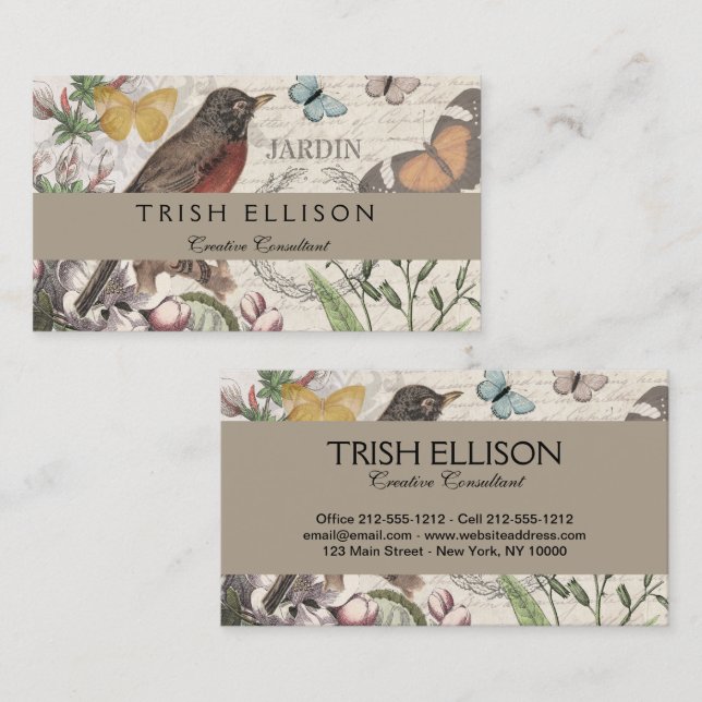 Robin Elegant Bird Butterfly French Art Business Card (Front/Back)