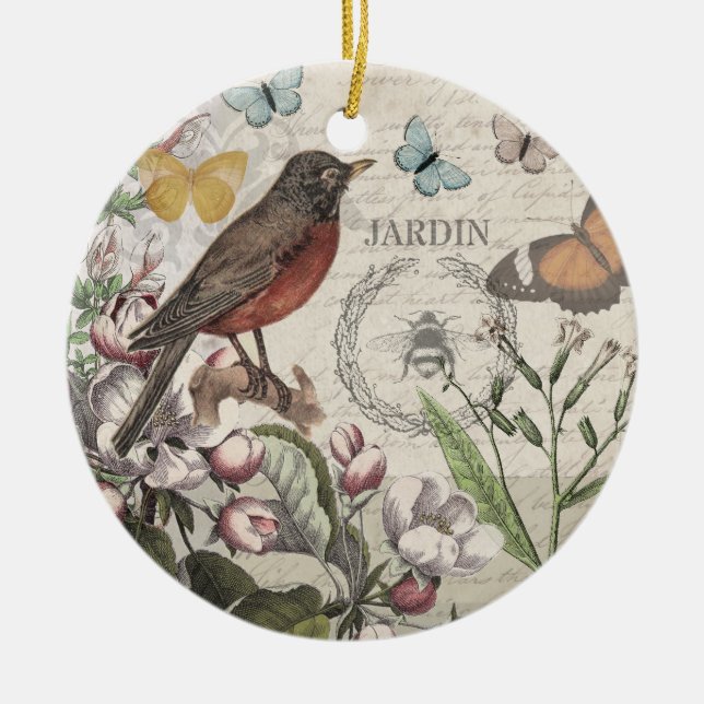 Robin Elegant Bird Butterfly French Art Ceramic Tree Decoration (Front)
