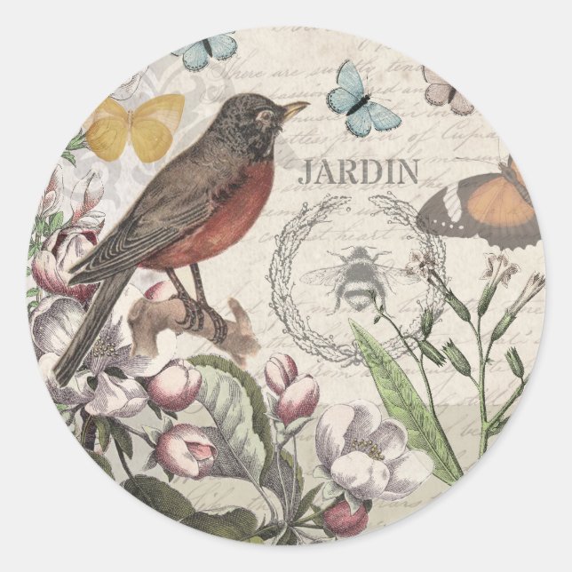 Robin Elegant Bird Butterfly French Art Classic Round Sticker (Front)