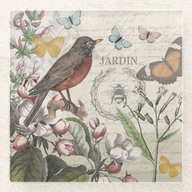 Robin Elegant Bird Butterfly French Art Glass Coaster (Front)