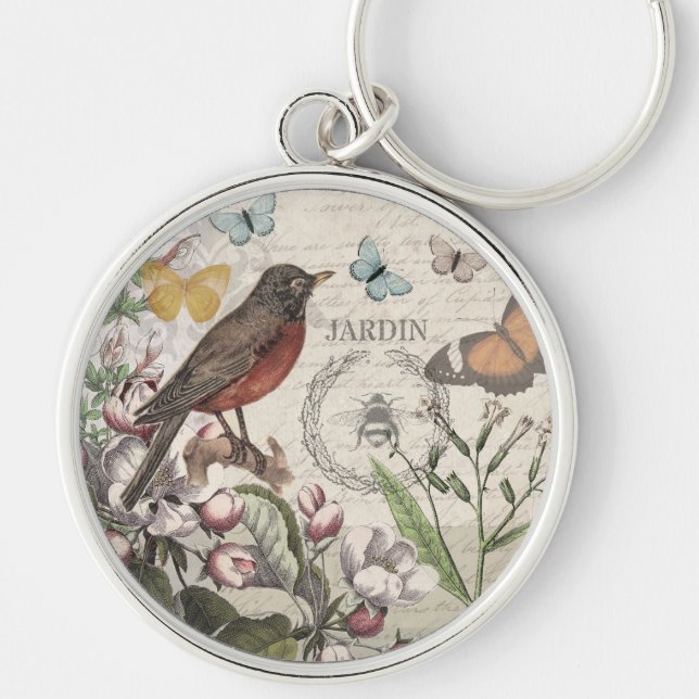 Robin Elegant Bird Butterfly French Art Key Ring (Front)