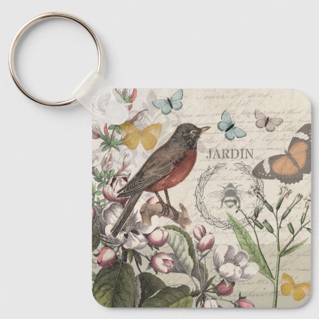 Robin Elegant Bird Butterfly French Art Key Ring (Front)