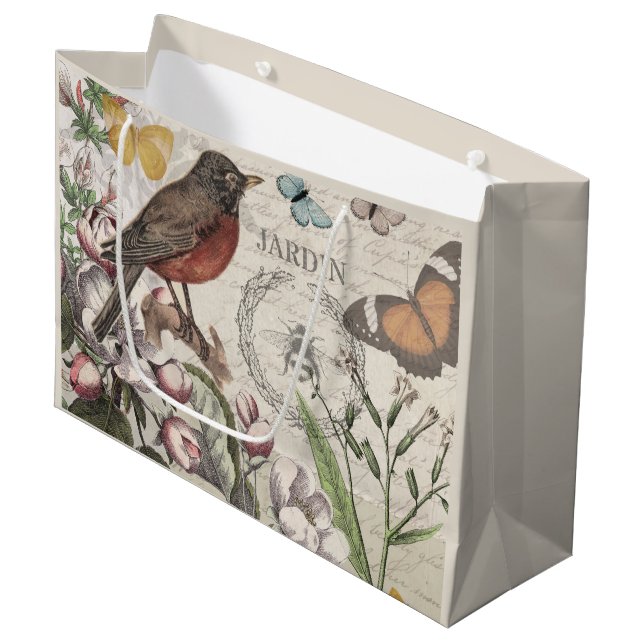 Robin Elegant Bird Butterfly French Art Large Gift Bag (Front Angled)