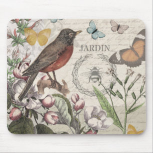 Robin Elegant Bird Butterfly French Art Mouse Mat