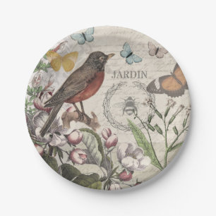 Robin Elegant Bird Butterfly French Art Paper Plate