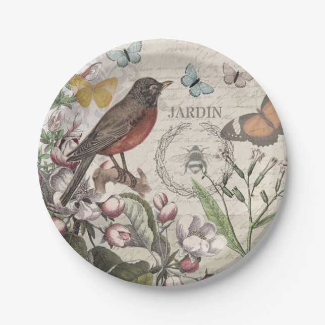 Robin Elegant Bird Butterfly French Art Paper Plate (Front)