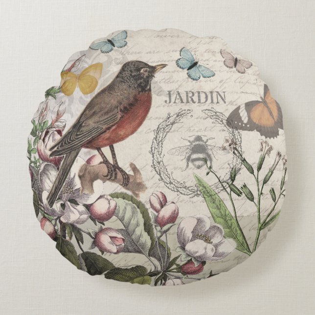 Robin Elegant Bird Butterfly French Art Round Cushion (Front)