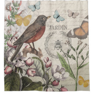 Robin Elegant Bird Butterfly French Art Shower Curtain