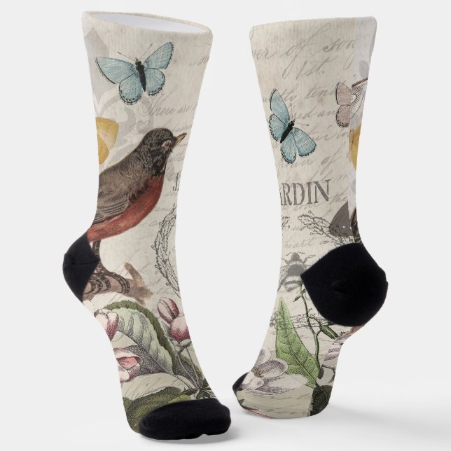 Robin Elegant Bird Butterfly French Art Socks (Angled)