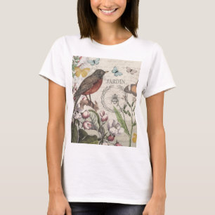 Robin Elegant Bird Butterfly French Art T-Shirt