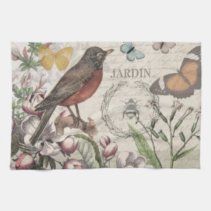 Robin Elegant Bird Butterfly French Art Tea Towel