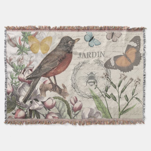 Robin Elegant Bird Butterfly French Art Throw Blanket (Front)