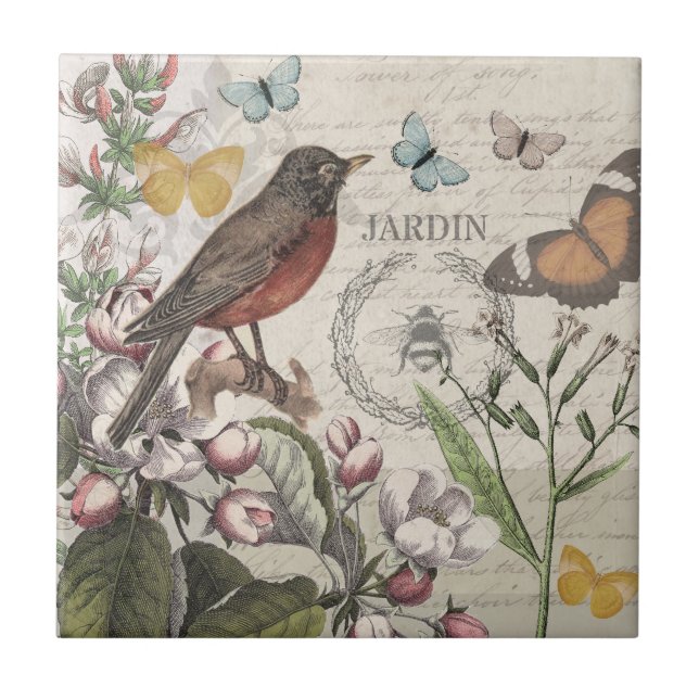 Robin Elegant Bird Butterfly French Art Tile (Front)