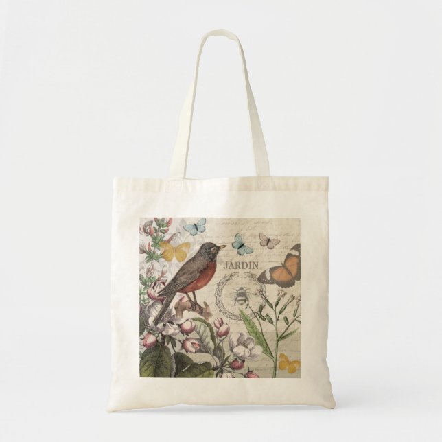 Robin Elegant Bird Butterfly French Art Tote Bag (Front)