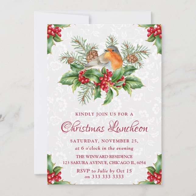Robin & Holly and Winter Berry Christmas Luncheon Invitation (Front)