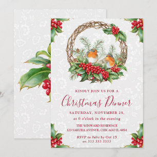 Robin & Holly Berry Wreath Christmas Dinner Invitation