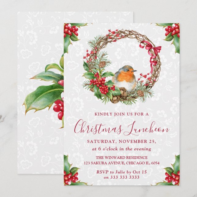 Robin & Holly Berry Wreath Christmas Luncheon Invitation (Front/Back)