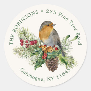 Robin, holly, pine Christmas return address label