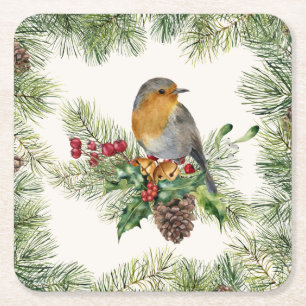 Robin, holly, pine Christmas Square Paper Coaster