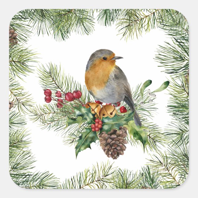 Robin, holly, pine Christmas Square Sticker (Front)