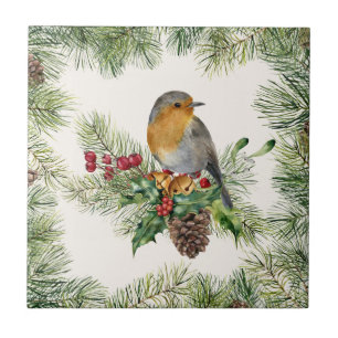 Robin, holly, pine Christmas Tile