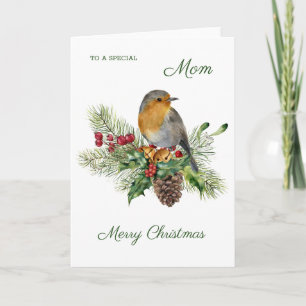 Robin, holly, pine - Mum Christmas Card