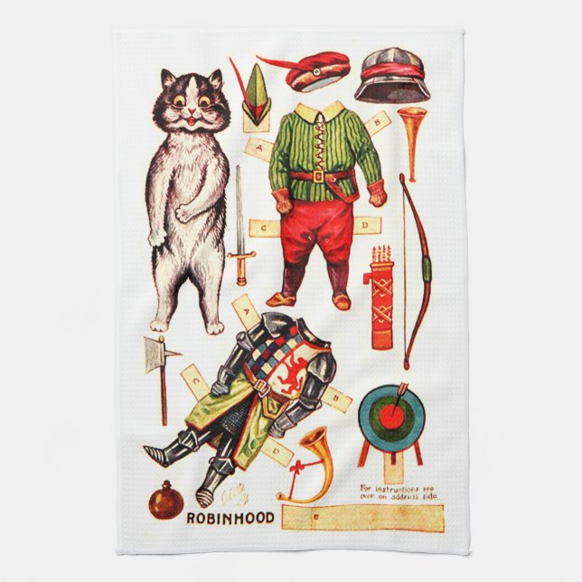 Robin Hood, Paper Doll, Louis Wain Tea Towel (Vertical)