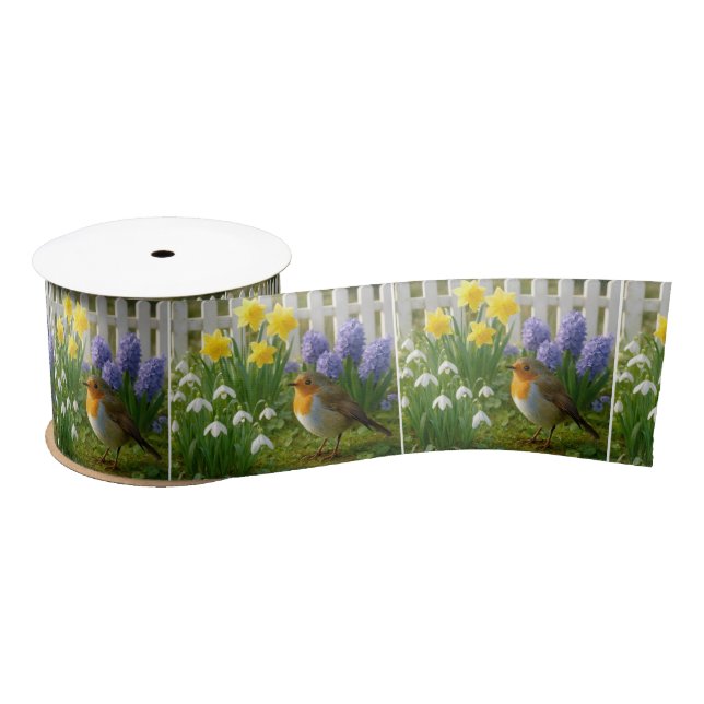 Robin in a Springtime Garden Satin Ribbon (Spool)