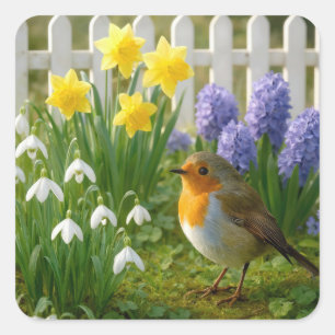 Robin in a Springtime Garden Square Sticker