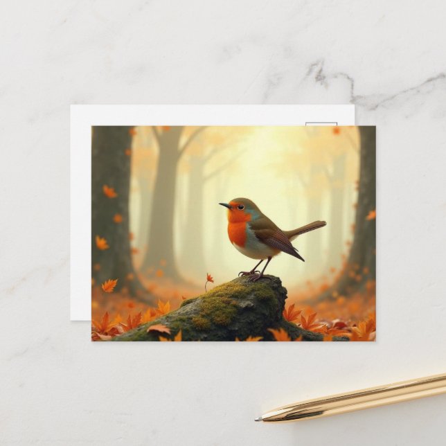 Robin in Autumn/Fall Forest, Leaves Falling Postcard (Front/Back In Situ)